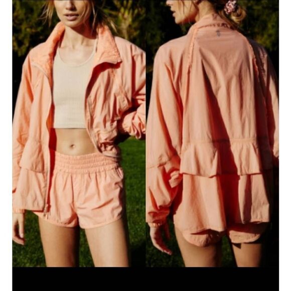 Free People Namaslay Jacket Women's Medium Peach Long Sleeve Full Zip Ruffle - Picture 2 of 8